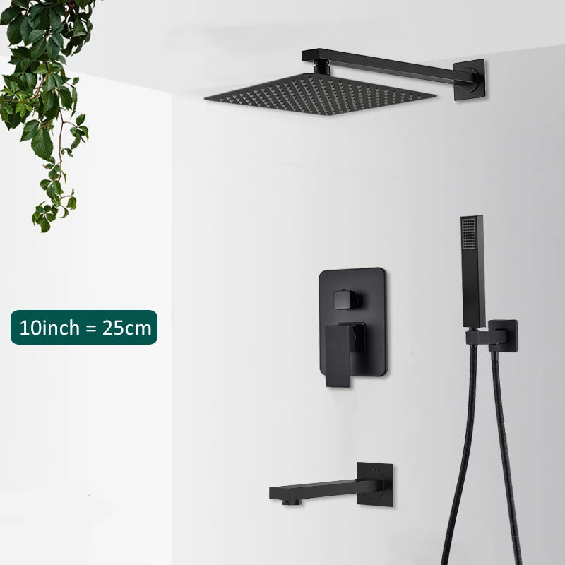 Quyanre Matte Black Shower Faucets Set Rain Waterfall Concealed Shower System Wall Mount Bathtub Shower Mixer Shower Combo Set