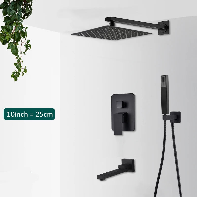 Quyanre Matte Black Shower Faucets Set Rain Waterfall Concealed Shower System Wall Mount Bathtub Shower Mixer Shower Combo Set