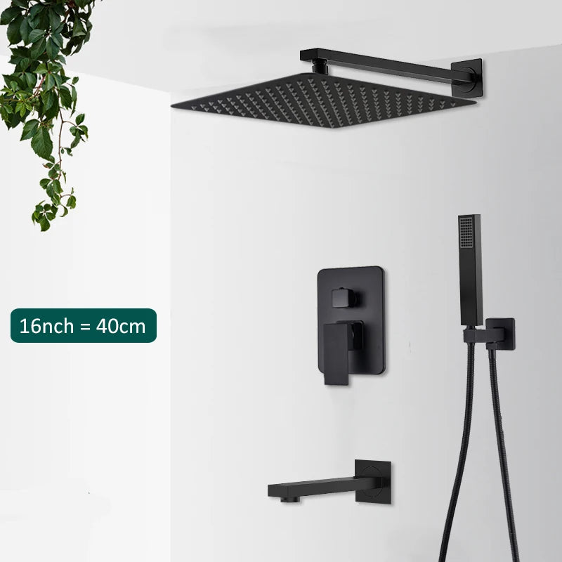 Quyanre Matte Black Shower Faucets Set Rain Waterfall Concealed Shower System Wall Mount Bathtub Shower Mixer Shower Combo Set