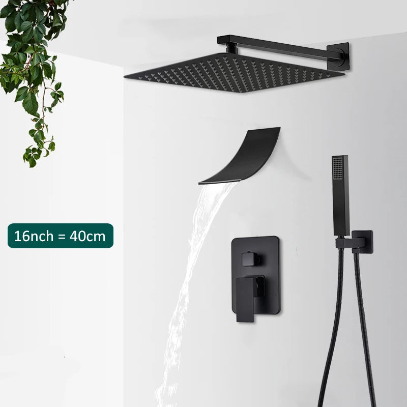 Quyanre Matte Black Shower Faucets Set Rain Waterfall Concealed Shower System Wall Mount Bathtub Shower Mixer Shower Combo Set