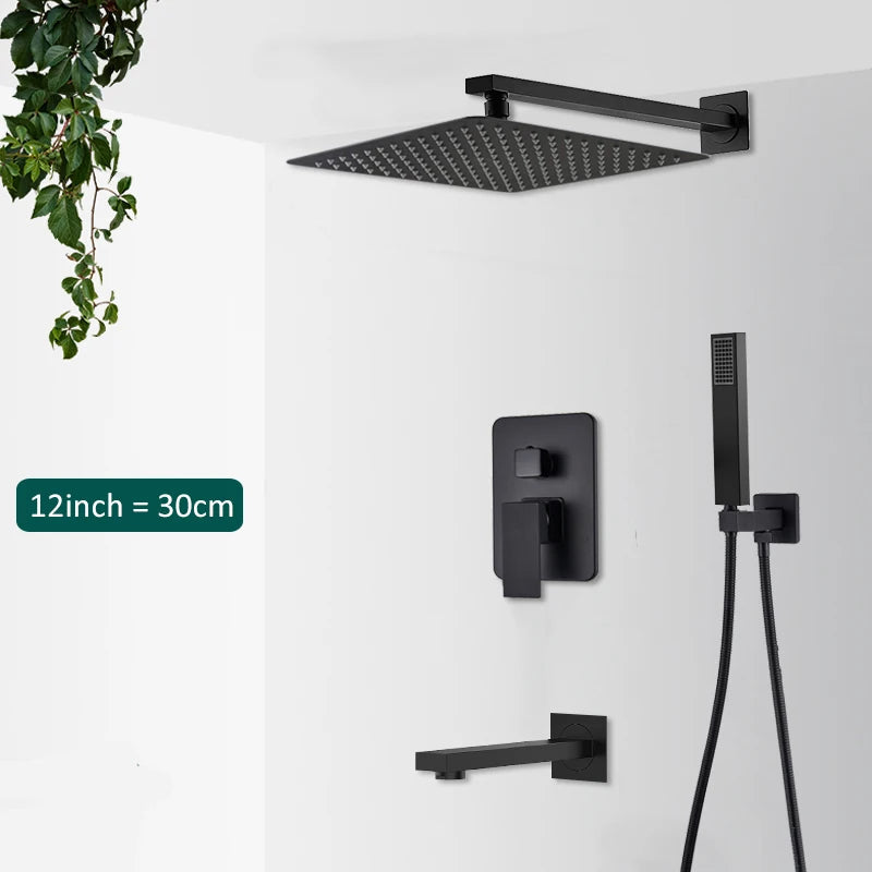 Quyanre Matte Black Shower Faucets Set Rain Waterfall Concealed Shower System Wall Mount Bathtub Shower Mixer Shower Combo Set
