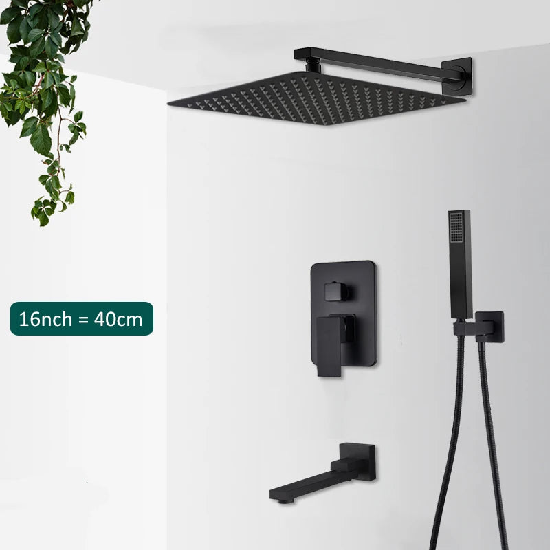 Quyanre Matte Black Shower Faucets Set Rain Waterfall Concealed Shower System Wall Mount Bathtub Shower Mixer Shower Combo Set