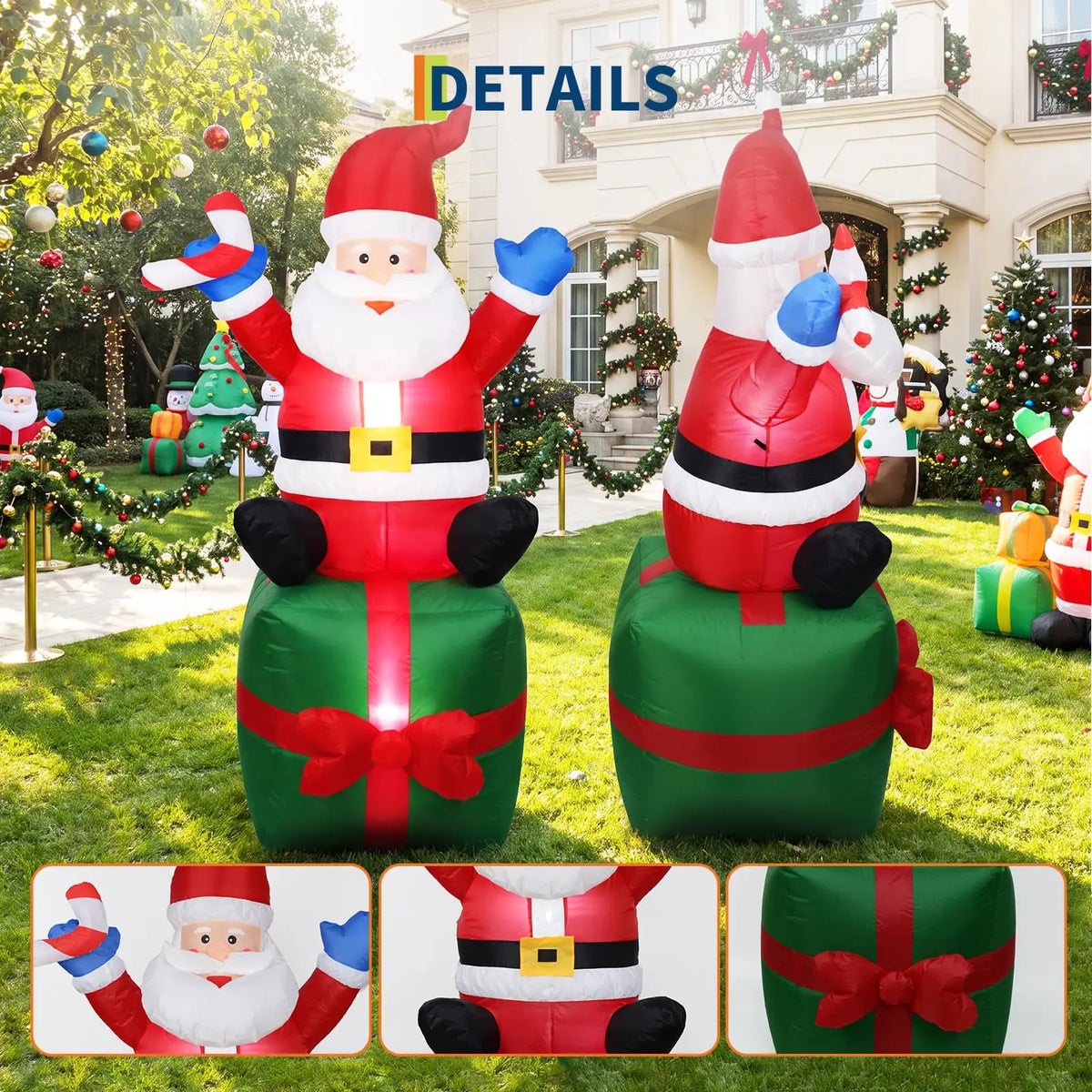 6ft Inflatable Santa Claus on Gift Box Outdoor Christmas Yard Decoration Height 180cm Blow Up Holiday Party Winter Festival Garden Home Display Festive Decor Ornament Supplies Equipment