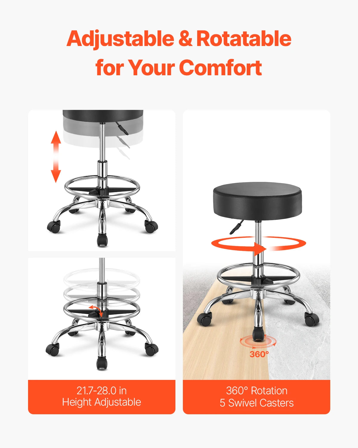 SucceBuy Height Adjustable Rolling Stool For Salon Spa