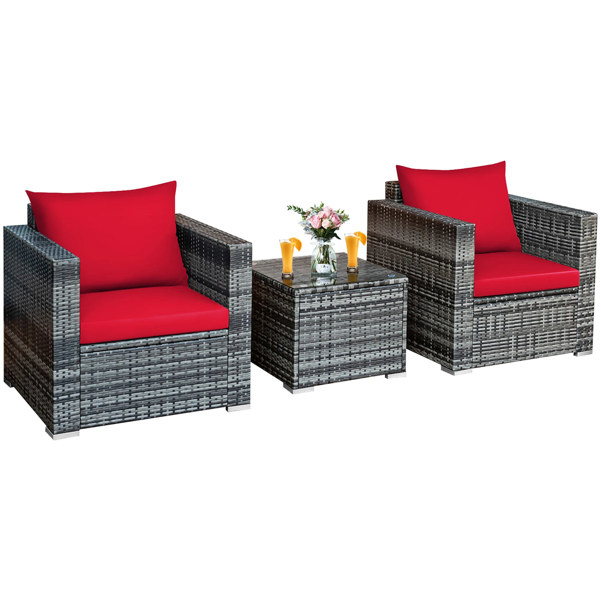 3 PC Patio Rattan Furniture Bistro Set Cushioned Sofa Chair Table Red