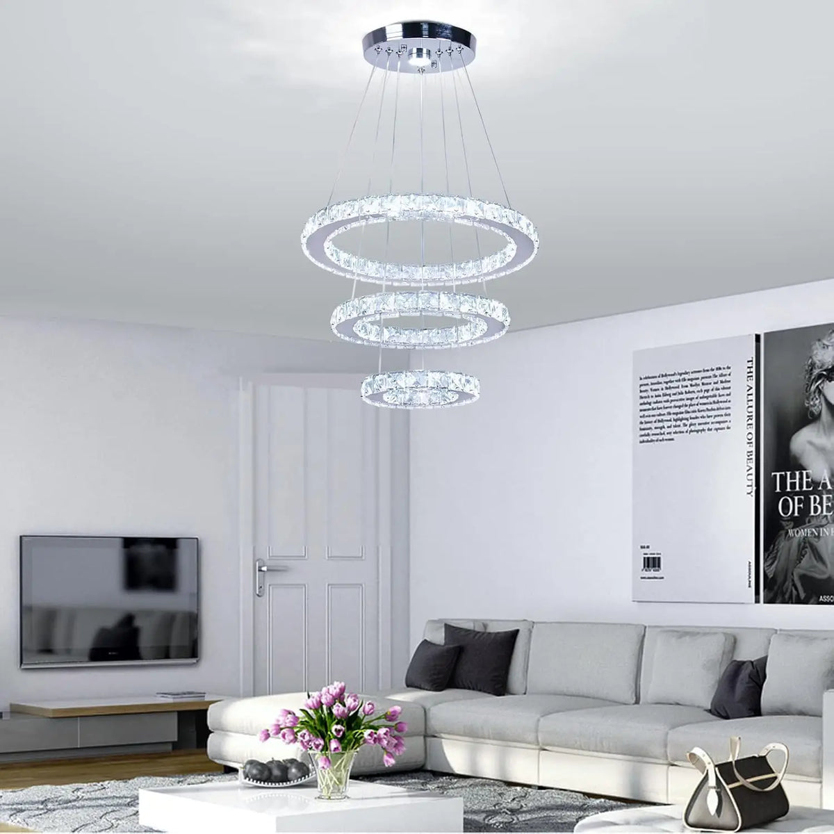 3-Ring Crystal Pendant Light, Adjustable LED, Dimmable | Modern Hanging Chandelier for Dining Room, Kitchen Island, Bedroom or Living Room