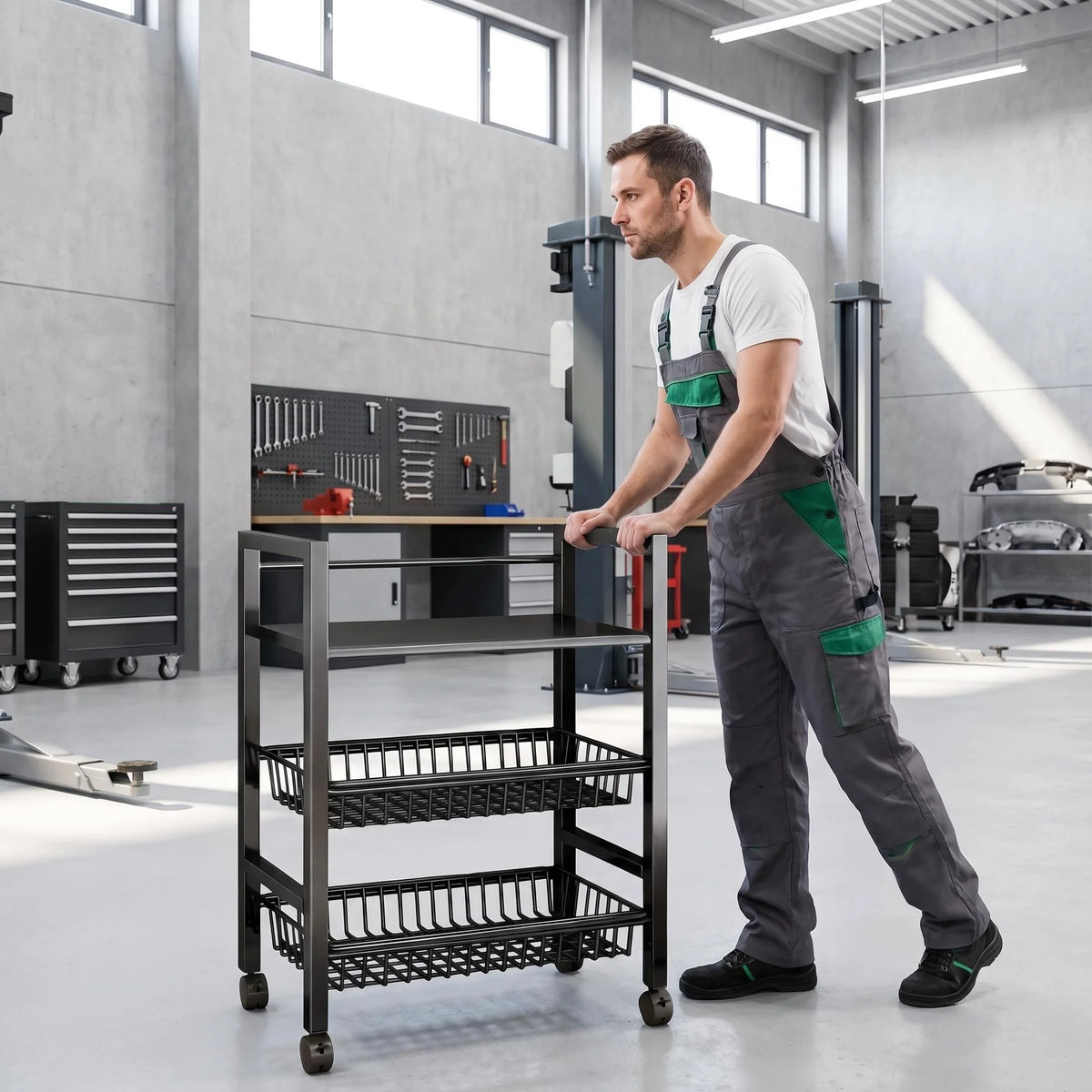 Three Tier Rolling Storage Cart With Pull Out Mesh Baskets