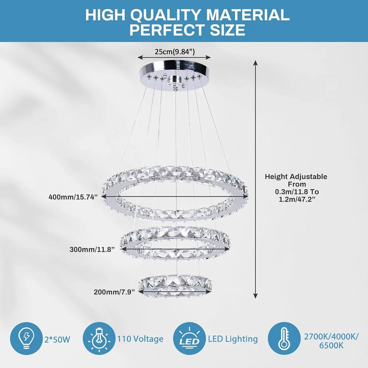 3-Ring Crystal Pendant Light, Adjustable LED, Dimmable | Modern Hanging Chandelier for Dining Room, Kitchen Island, Bedroom or Living Room