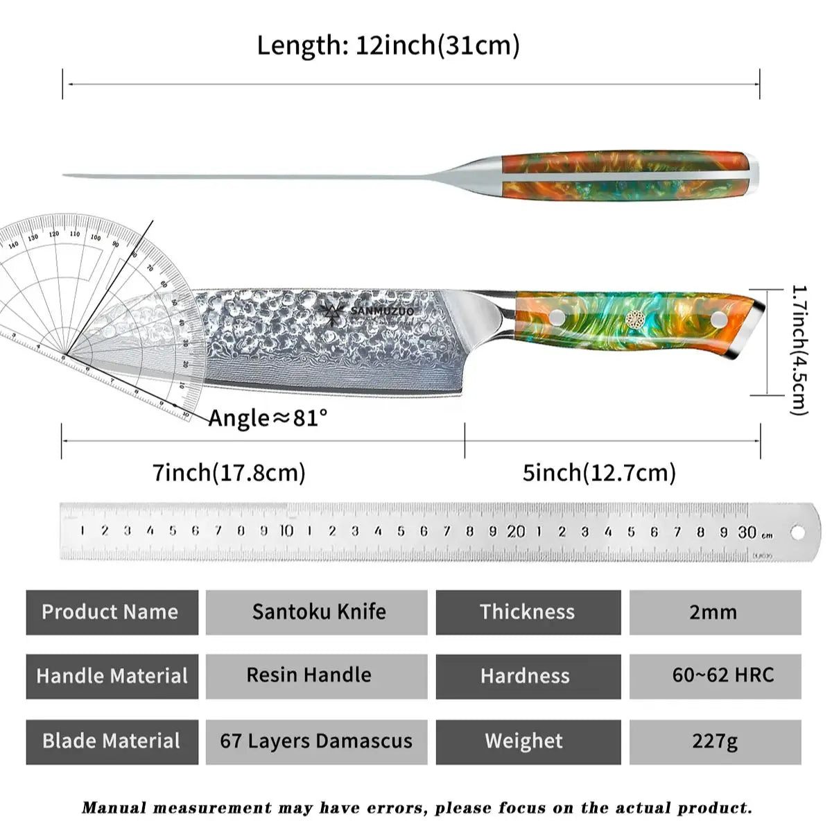 SANMUZUO YAO Series Damascus Steel Santoku Kitchen Knife