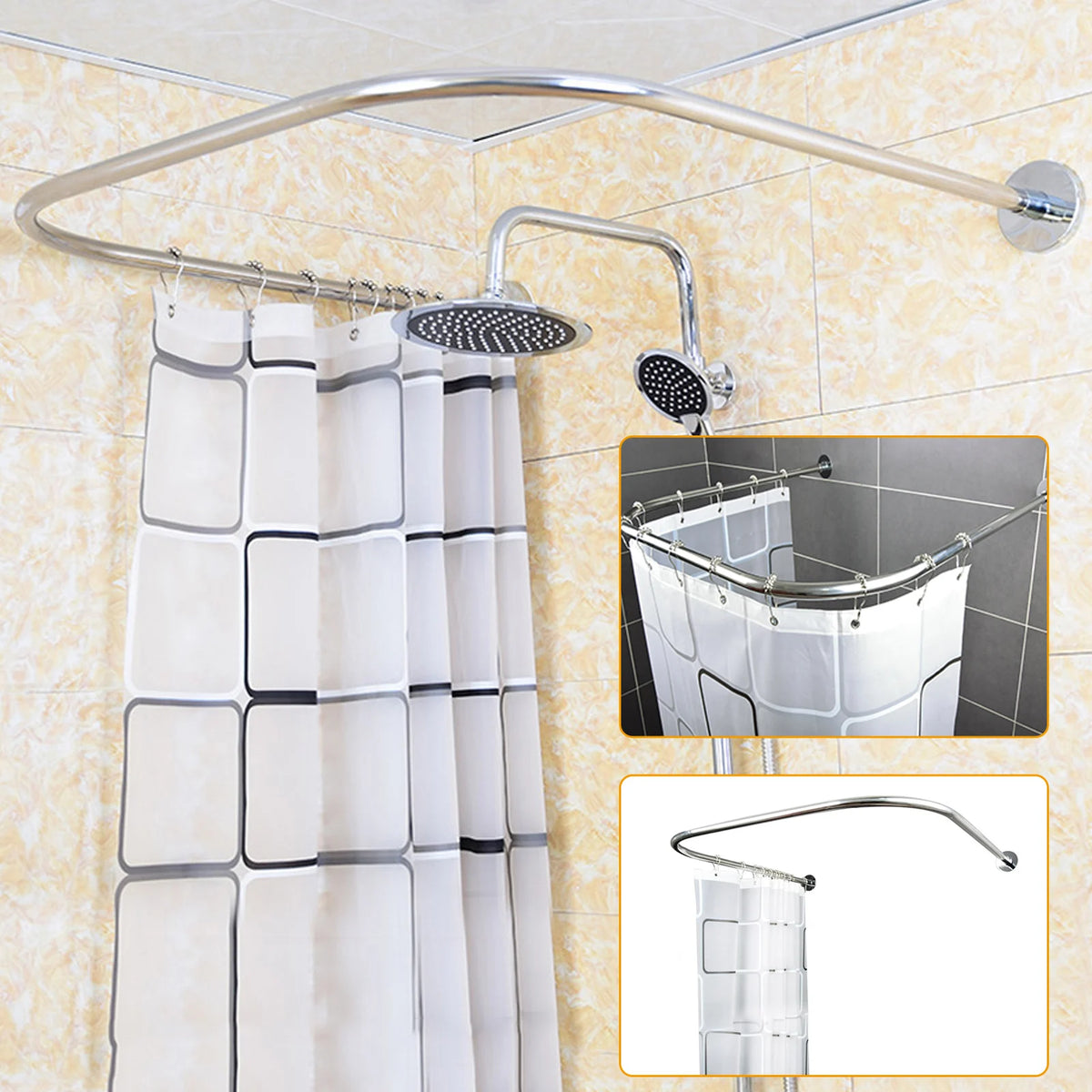 U Shaped Shower Curtain Rod Set Curved Stainless Steel