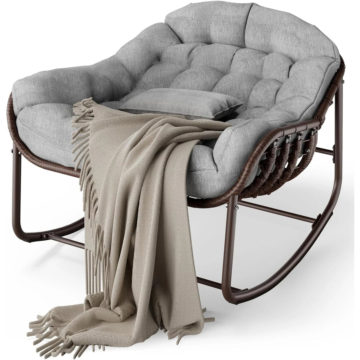 HiMISS Outdoor Papasan Egg Rocking Chair With Wicker Lounge Cushion