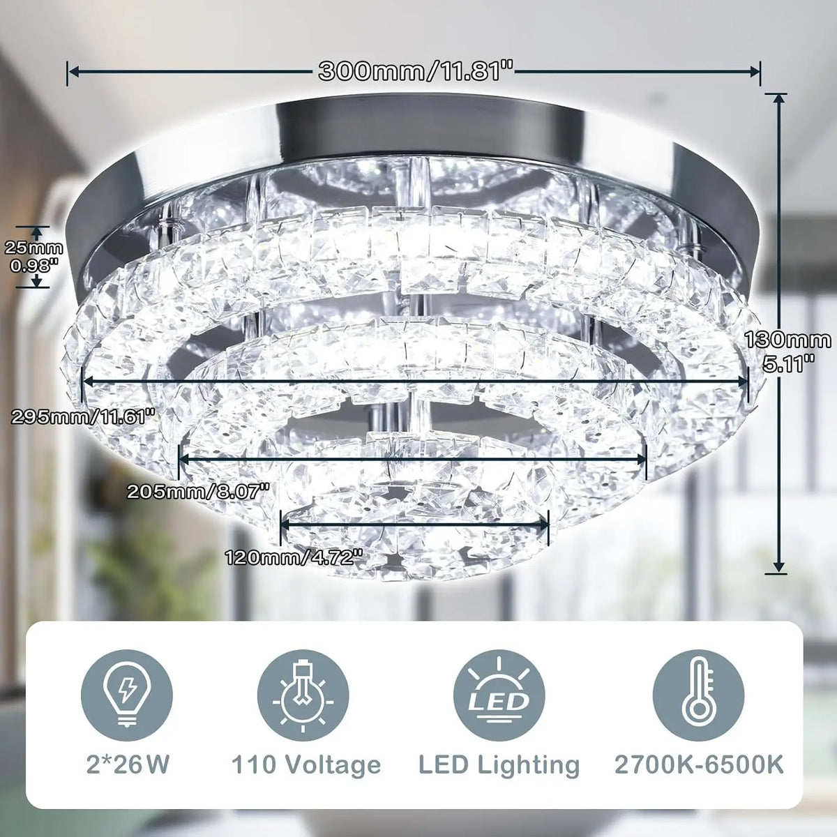30-centimeter crystal ceiling lamp, 3-layer embedded LED, dimmable