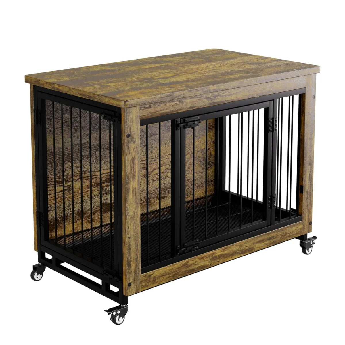 ANIXOL Wooden Dog Crate Furniture With Locking Wheels and Tray