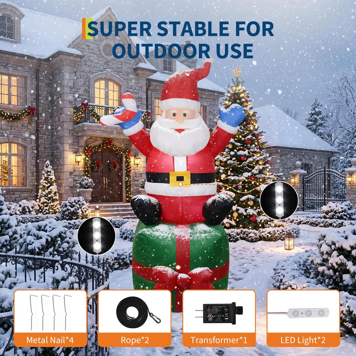 6ft Inflatable Santa Claus on Gift Box Outdoor Christmas Yard Decoration Height 180cm Blow Up Holiday Party Winter Festival Garden Home Display Festive Decor Ornament Supplies Equipment
