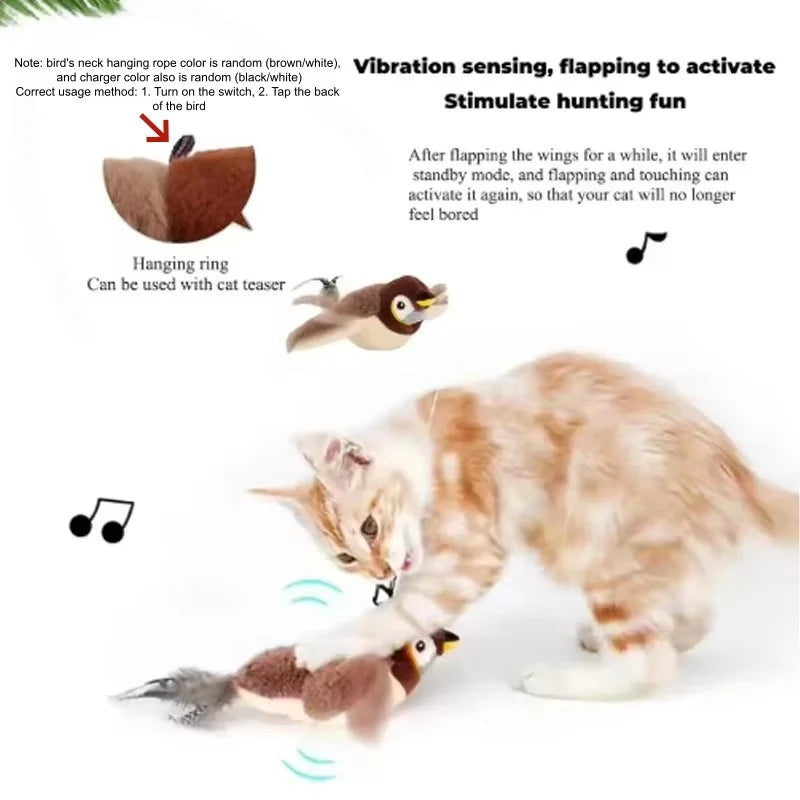Interactive Chirping Flapping Plush Bird Cat Toy With Touch Activation