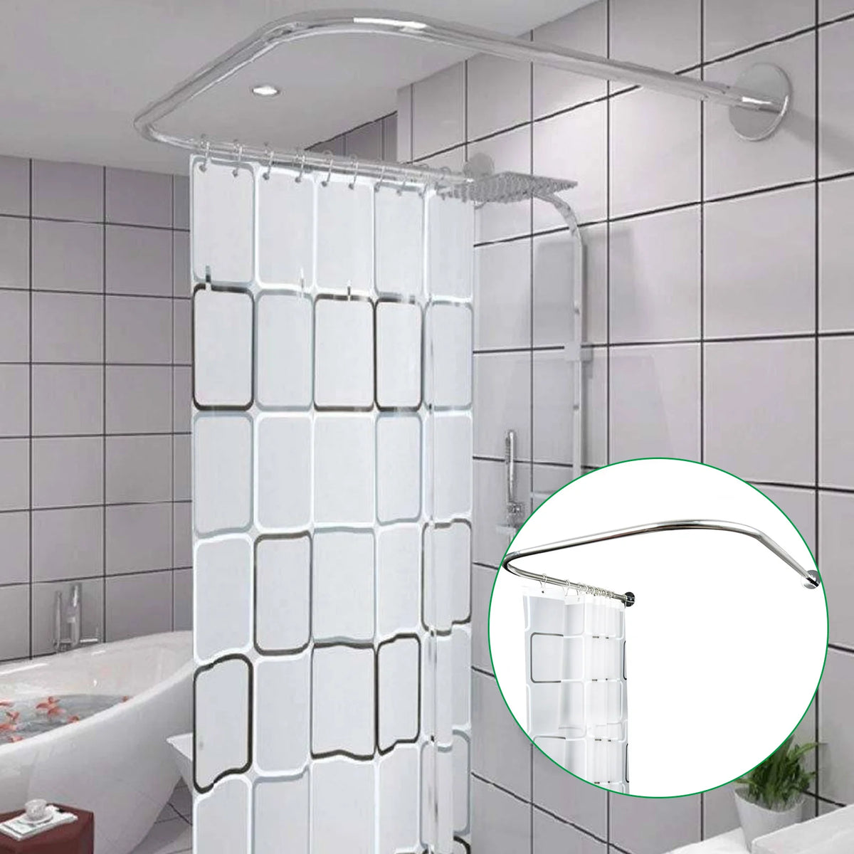 U Shaped Shower Curtain Rod Set Curved Stainless Steel
