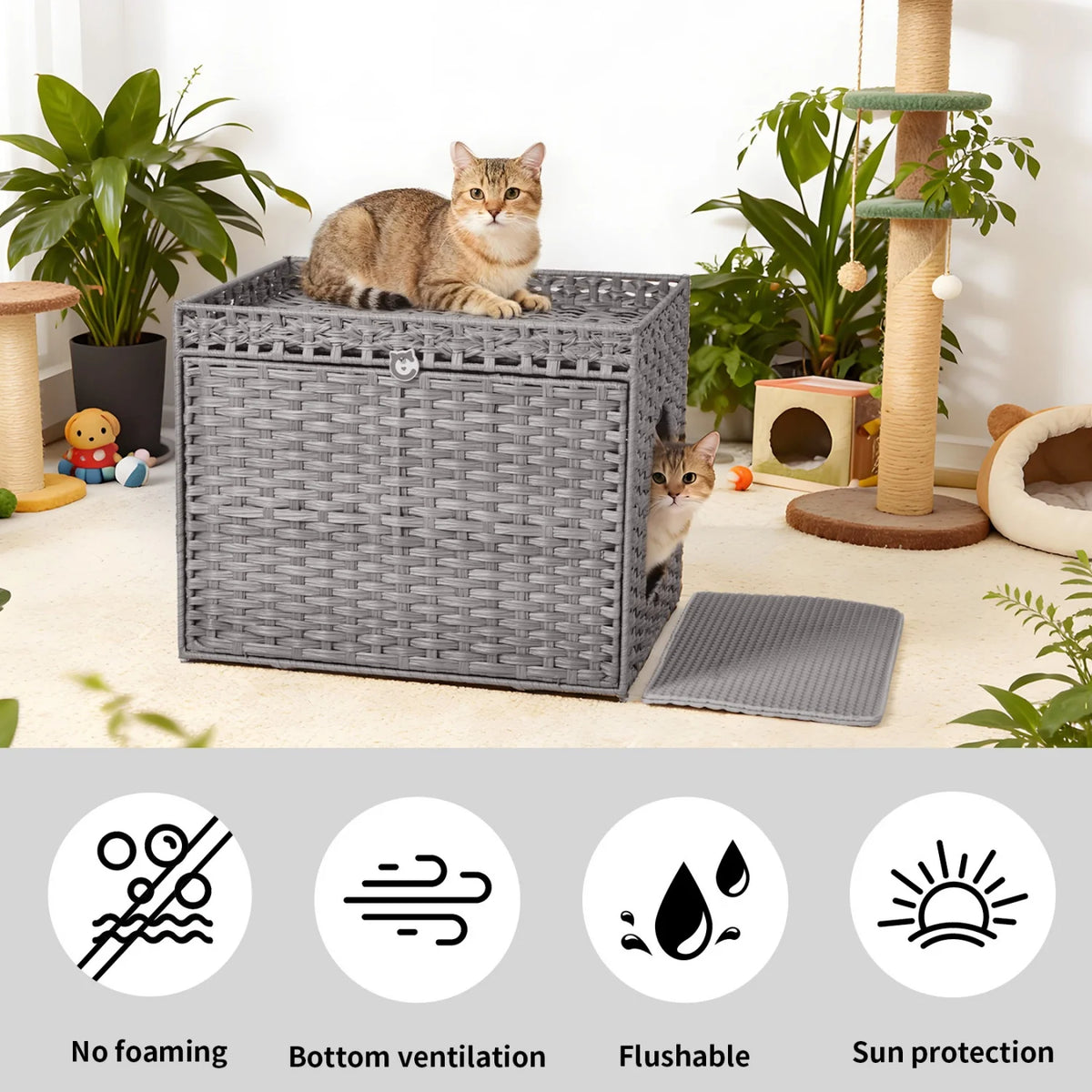 Large Hidden Cat Litter Box Furniture Cabinet, Rattan Cat Washroom Enclosure with Mat, Indoor Cat Toilet