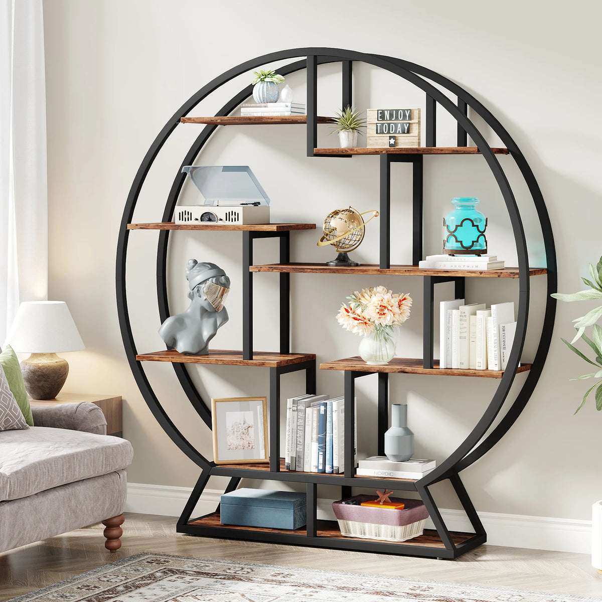 Tribesigns Industrial Round Bookshelf With Staggered Shelves