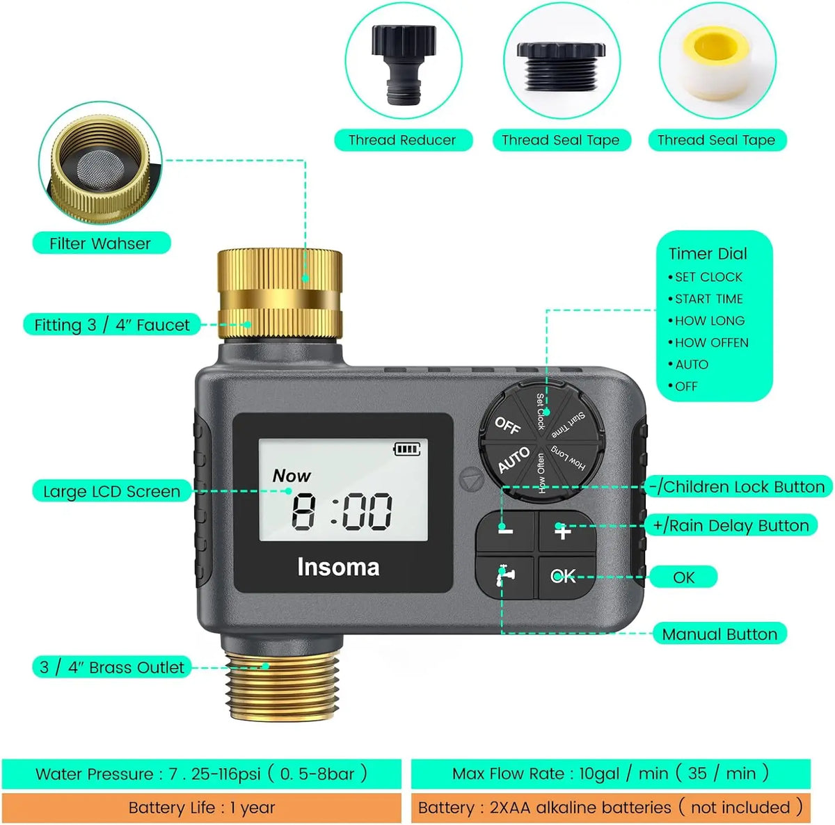 INSOMA Smart Automatic Garden Irrigation Watering Timer With LCD Display