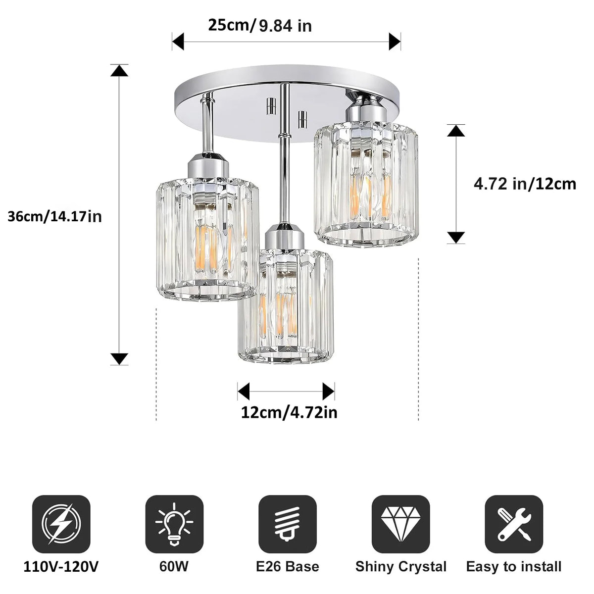 Contemporary Semi-Flush Ceiling Light, Three-Bulb Pendant Fixture with E26 Base, Crystal Chandelier Suitable for Bedrooms, Living Rooms