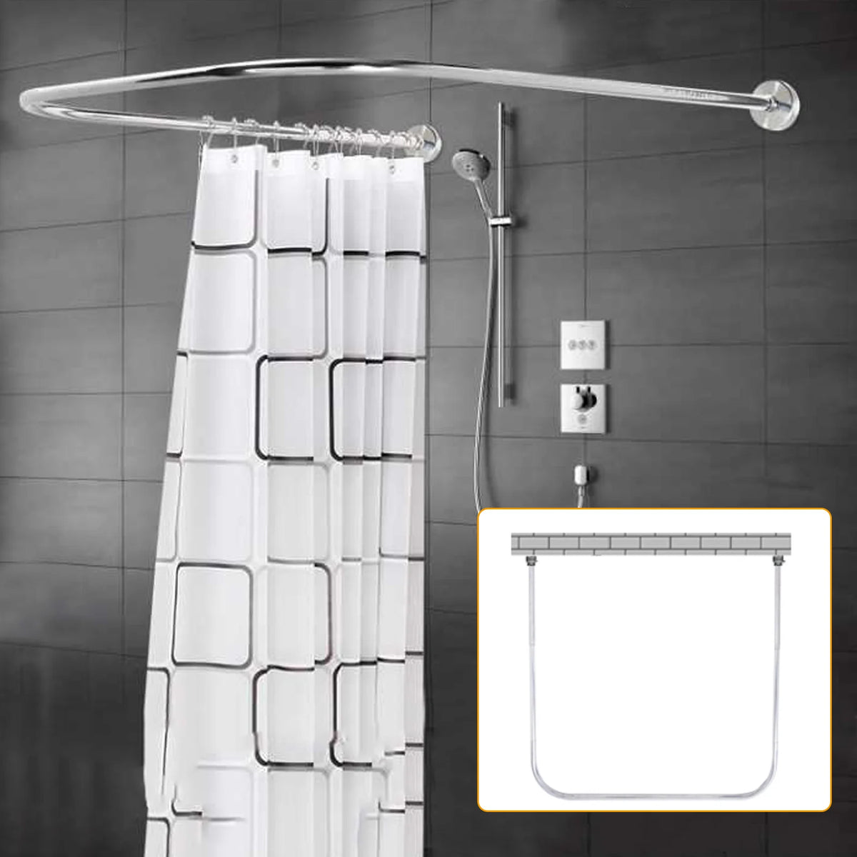 U Shaped Shower Curtain Rod Set Curved Stainless Steel