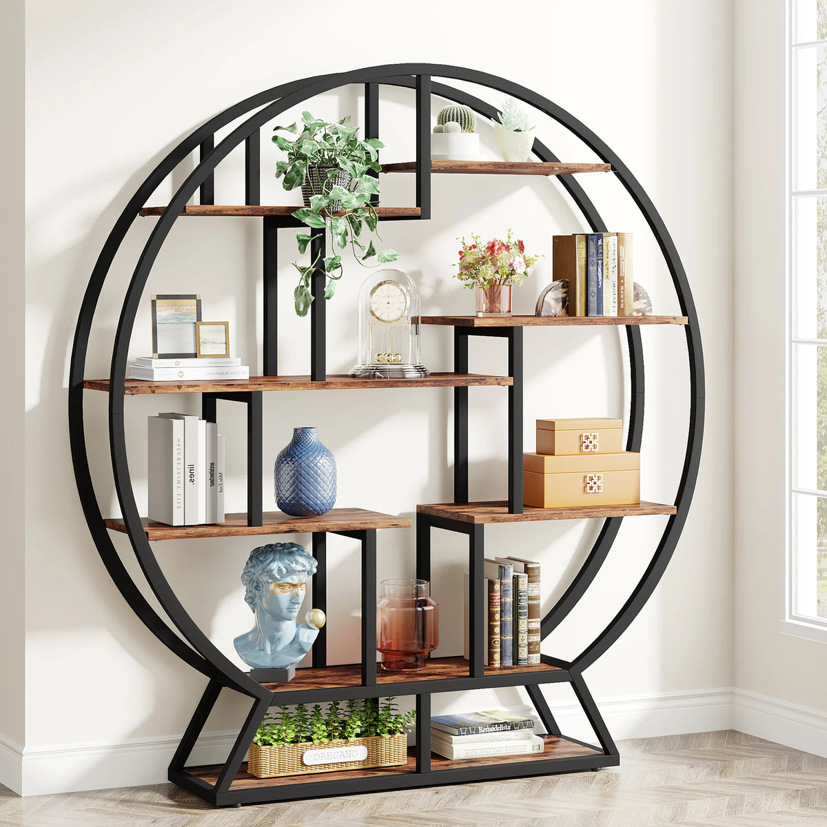Tribesigns Industrial Round Bookshelf With Staggered Shelves