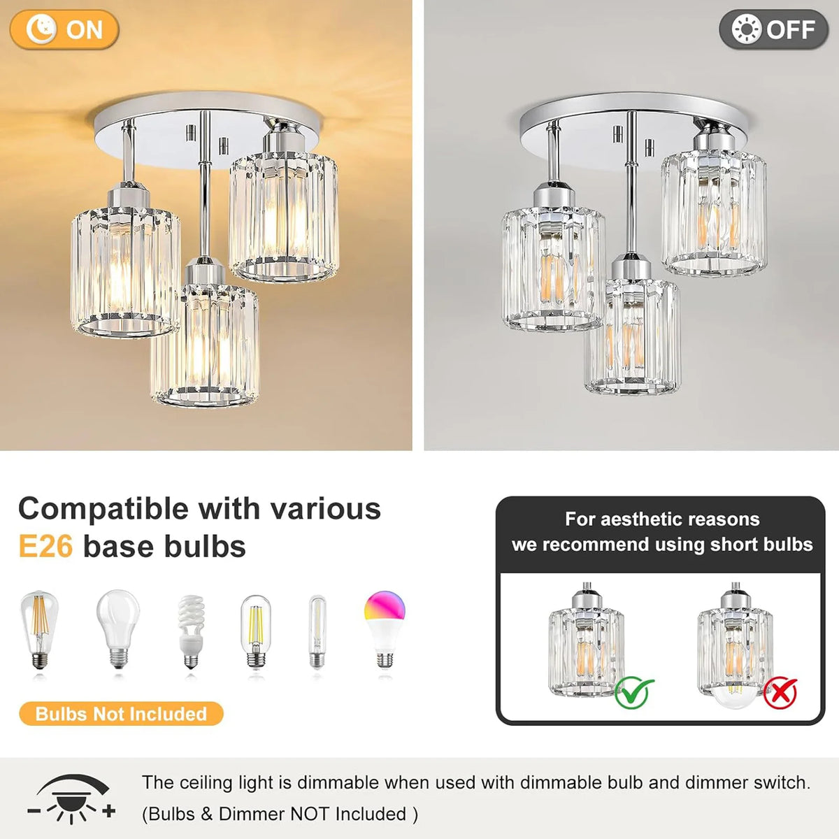 Contemporary Semi-Flush Ceiling Light, Three-Bulb Pendant Fixture with E26 Base, Crystal Chandelier Suitable for Bedrooms, Living Rooms