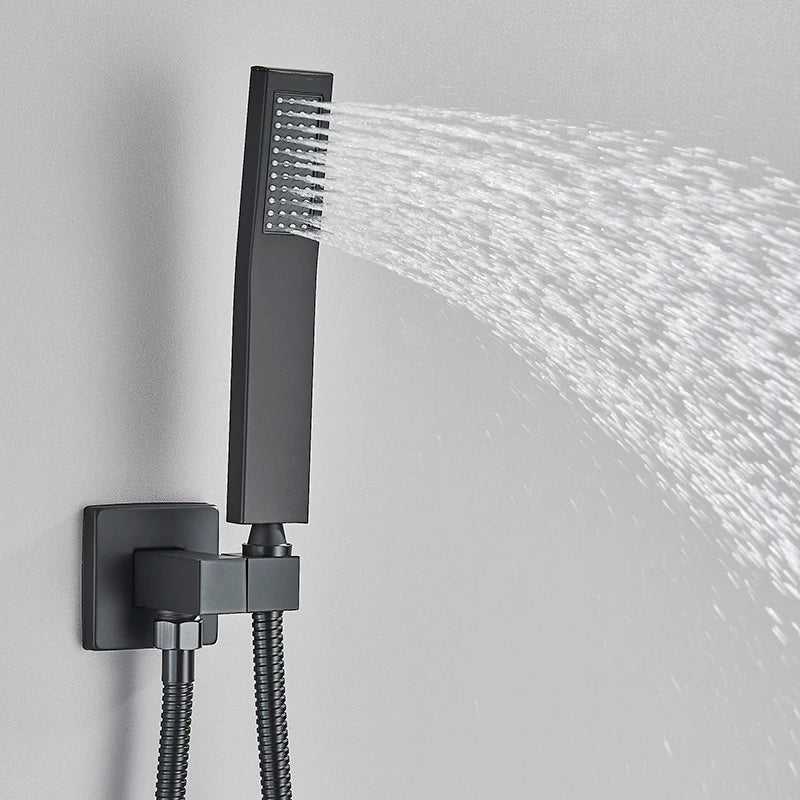 Quyanre Matte Black Shower Faucets Set Rain Waterfall Concealed Shower System Wall Mount Bathtub Shower Mixer Shower Combo Set