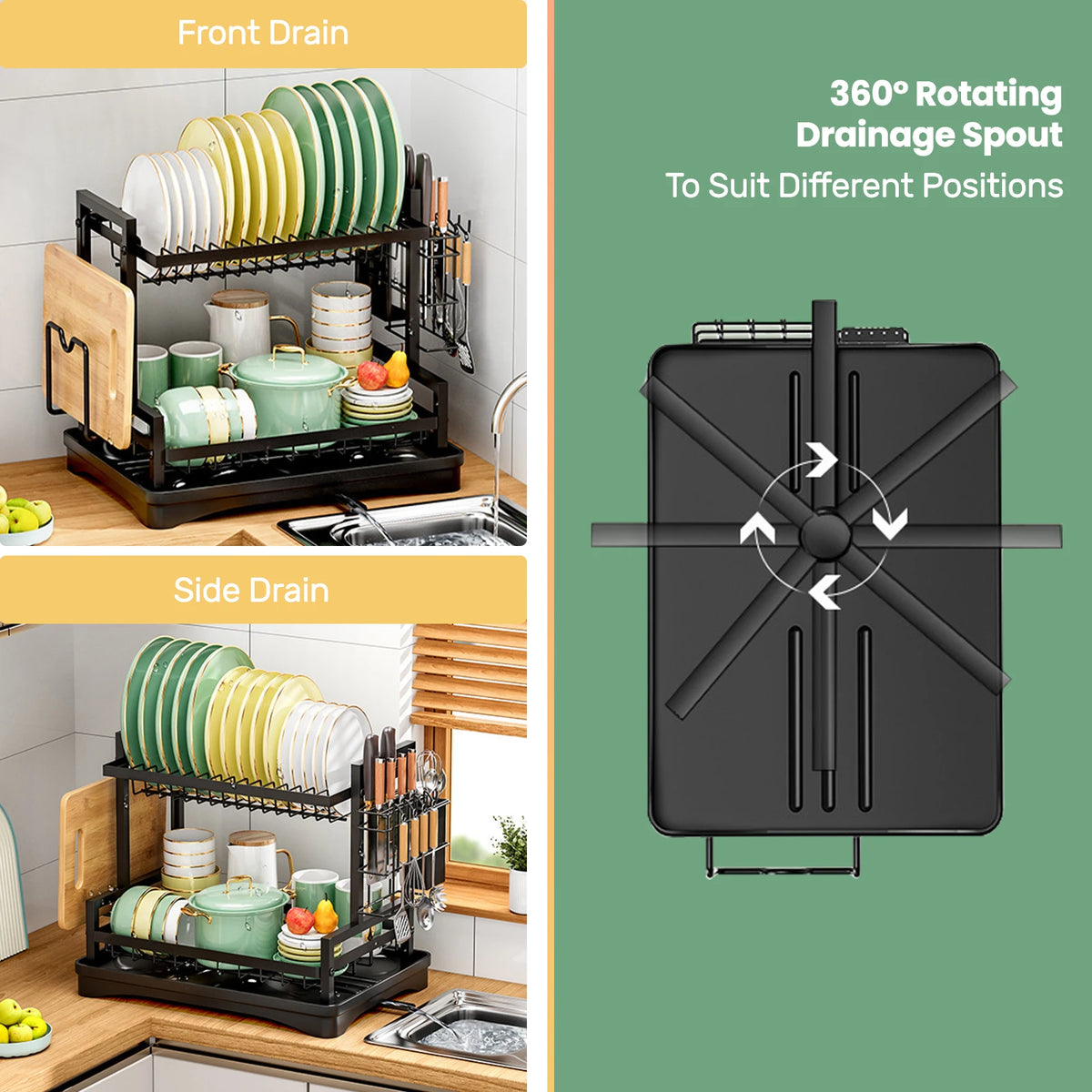Rustproof 2 Tier Dish Drainer Rack Utensil Holder Drip Tray