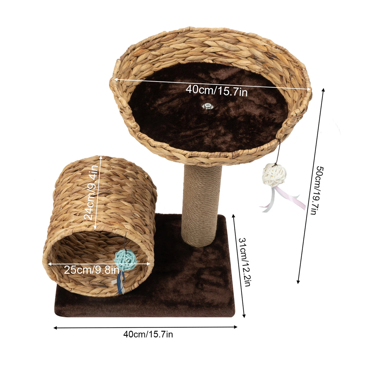 Hand Made Paper Rope Cat Tree 2-Level, Bow Shaped Cat Tree with 2 Toy Balls, 36.46lbs Capacity for Large Cats