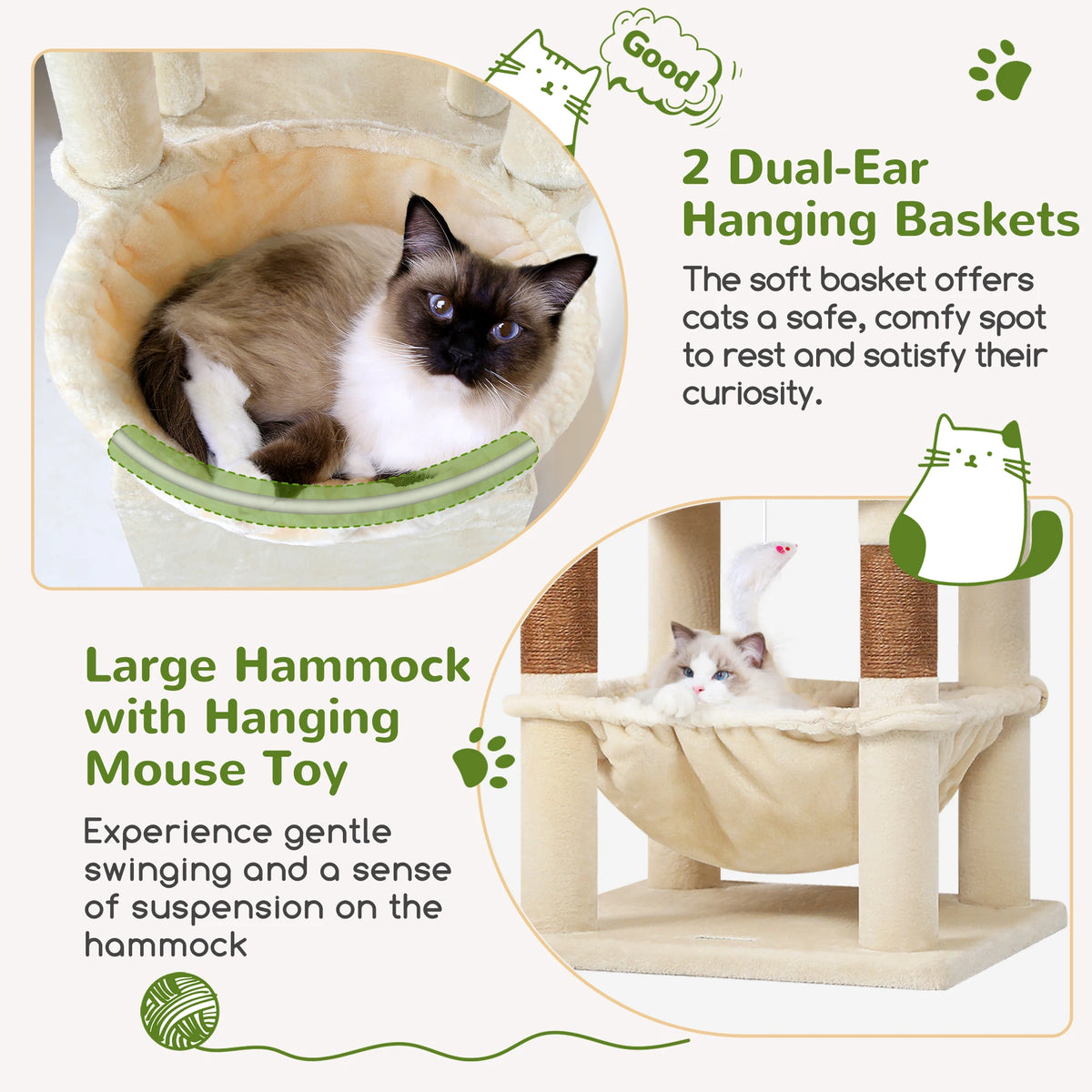 Globlazer 68" Cat Tree Tower for Indoor Cats, Aesthetic Multi-Level Cat Climbing Activity Center with 2 Condos, 2 Hammocks, Sisal Scratching Posts for 2-3 Medium Large Cats