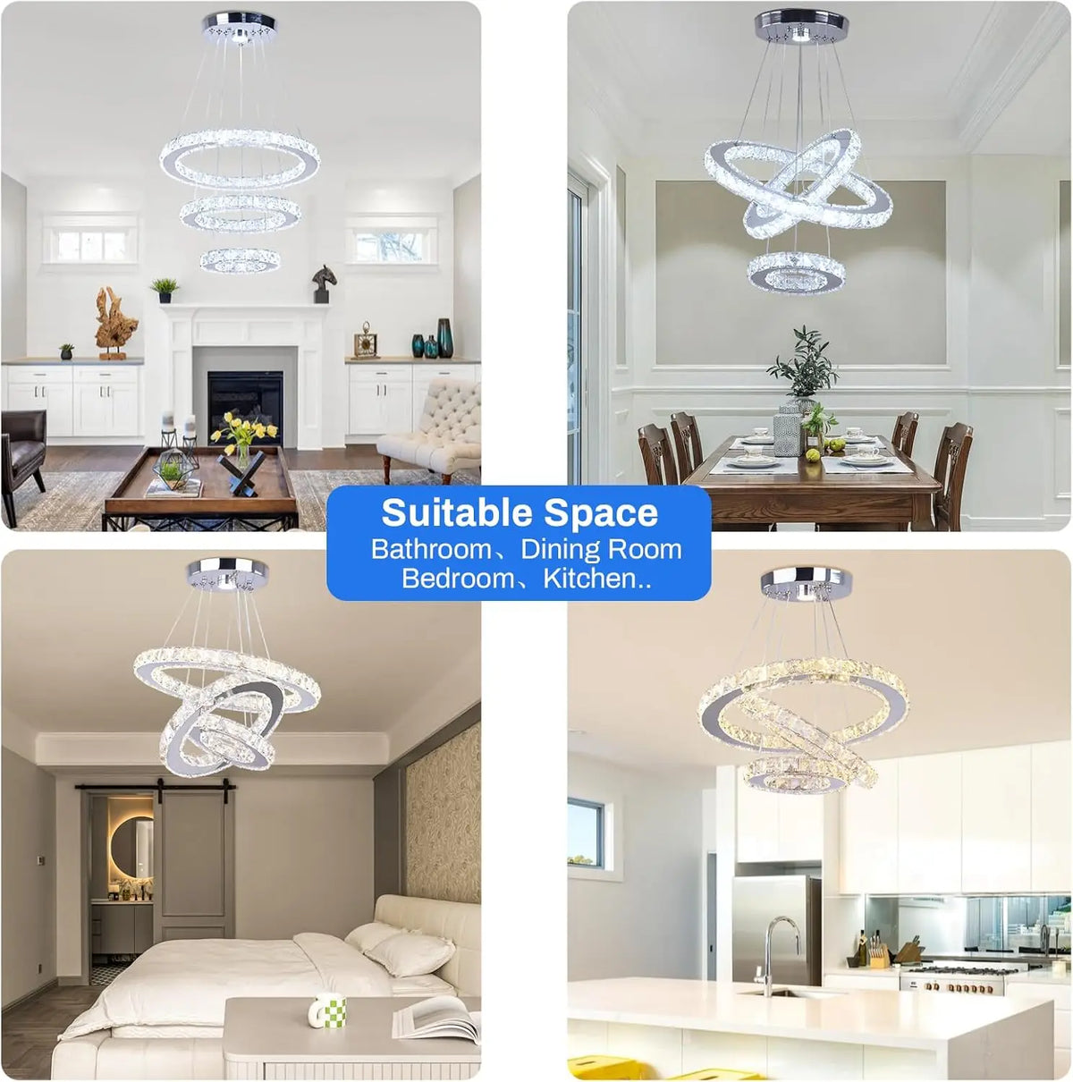 3-Ring Crystal Pendant Light, Adjustable LED, Dimmable | Modern Hanging Chandelier for Dining Room, Kitchen Island, Bedroom or Living Room