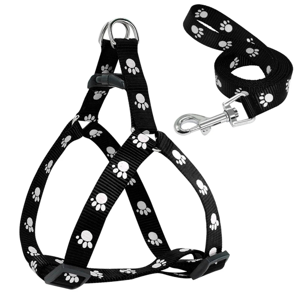 Nylon Dog Harness and Leash Set Adjustable Paw Print Dog Harness Walking Leash Strap Small Medium Dogs S/M/L
