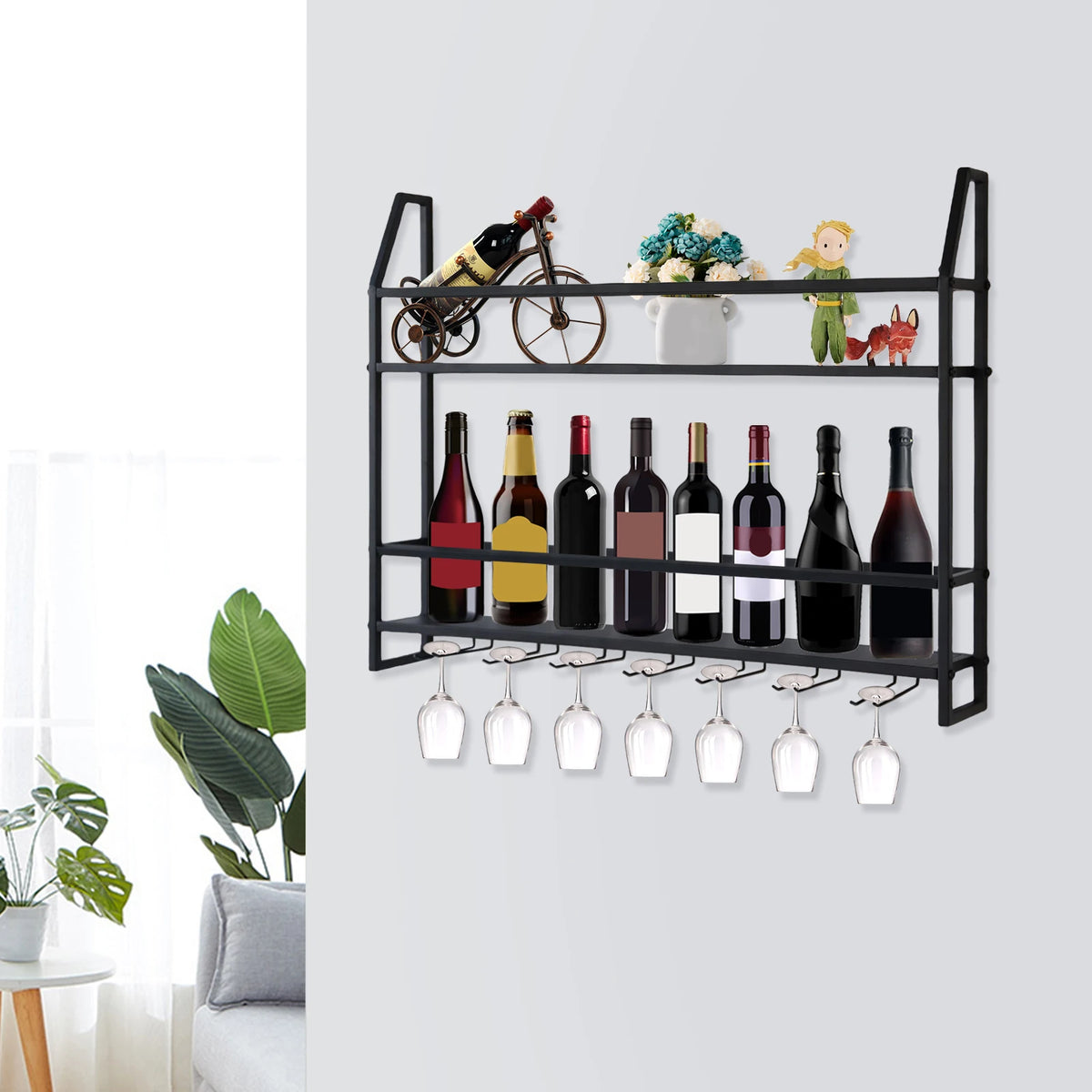Wall Mounted Metal Wine Rack With Glass Holder Shelf