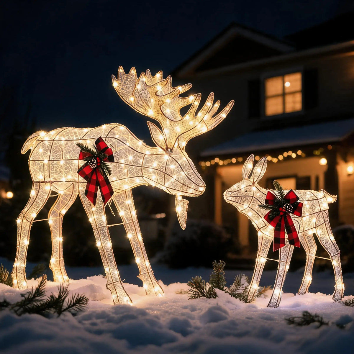 2 Piece Lighted Christmas Reindeer Family Outdoor Yard Decoration with 240 LED Lights Gold Glowing Reindeer Lawn Ornament Holiday Party Garden Yard Decor Winter Festival Outdoor Display