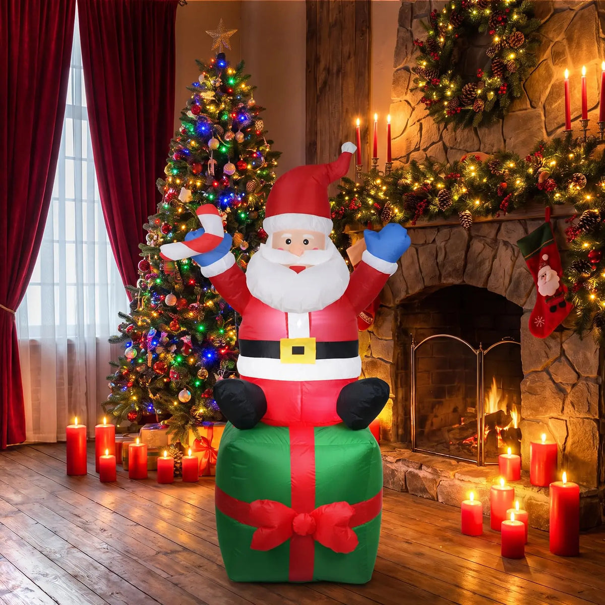 6ft Inflatable Santa Claus on Gift Box Outdoor Christmas Yard Decoration Height 180cm Blow Up Holiday Party Winter Festival Garden Home Display Festive Decor Ornament Supplies Equipment
