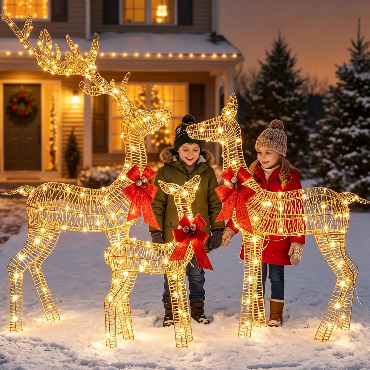 3-Piece Lighted Christmas Deer Family Outdoor Decoration Set 3FT Tall IP44 Waterproof with LED Lights for Lawn, Garden & Porch