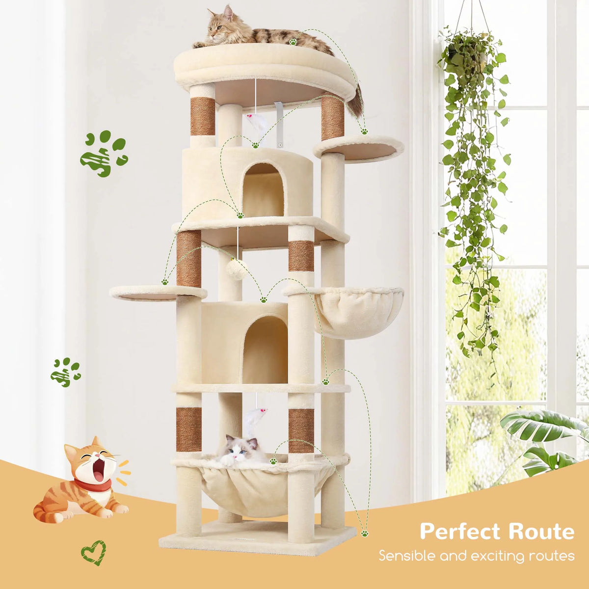 Globlazer 68" Cat Tree Tower for Indoor Cats, Aesthetic Multi-Level Cat Climbing Activity Center with 2 Condos, 2 Hammocks, Sisal Scratching Posts for 2-3 Medium Large Cats
