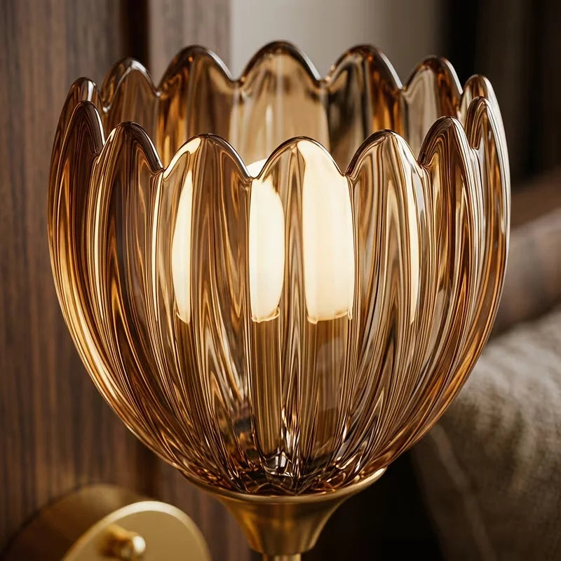 2-Pack Golden Flower Wall Sconces Amber Glass Bedside Wall Lamps Versatile Elegance Anywhere Modern Brass Wall Light Fixtures for Bedroom Hallway Living Room