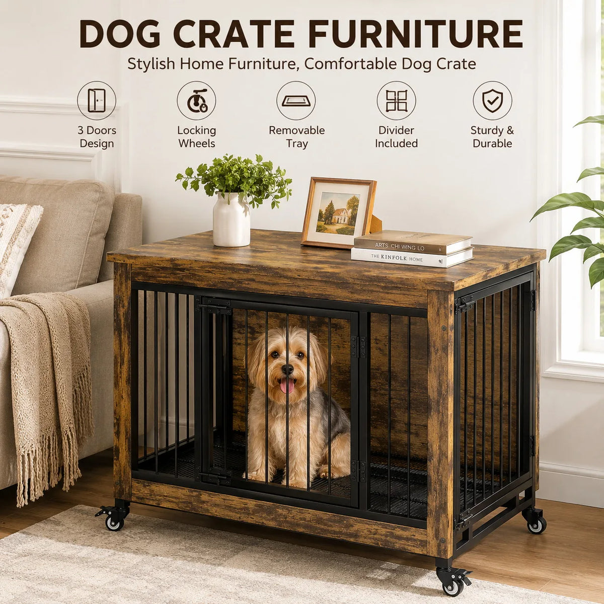 ANIXOL Wooden Dog Crate Furniture Featuring Locking Doors And Tray