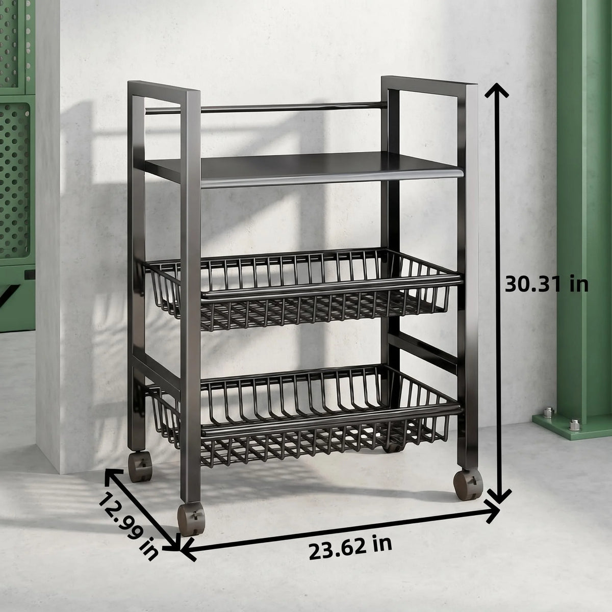 Three Tier Rolling Storage Cart With Pull Out Mesh Baskets