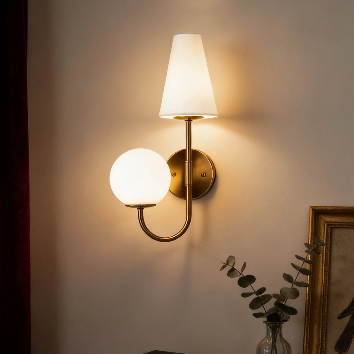 Tribesigns Gold Double-Headed Wall Sconce, Elegant Wall Lamp with Milky White Glass Shade, Metal Wall Light Fixtures for Bedroom