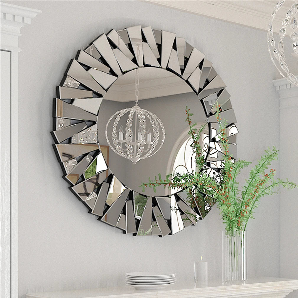 Sunburst Round Decorative Wall Mirror With Beveled Glass Accent