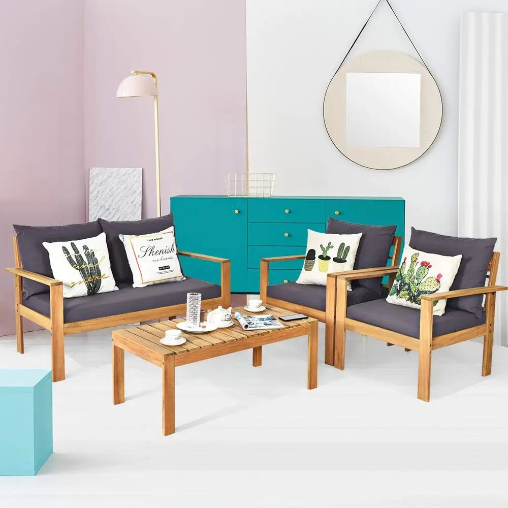 4 Piece Outdoor Acacia Wood Patio Sofa Set With Cushions