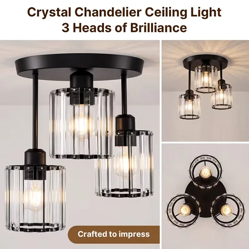 Contemporary Semi-Flush Ceiling Light, Three-Bulb Pendant Fixture with E26 Base, Crystal Chandelier Suitable for Bedrooms, Living Rooms