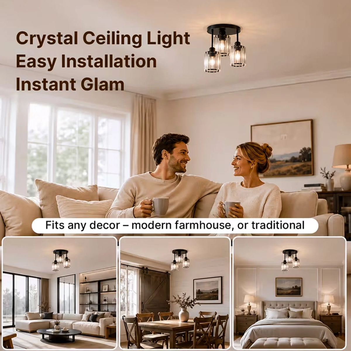 Contemporary Semi-Flush Ceiling Light, Three-Bulb Pendant Fixture with E26 Base, Crystal Chandelier Suitable for Bedrooms, Living Rooms