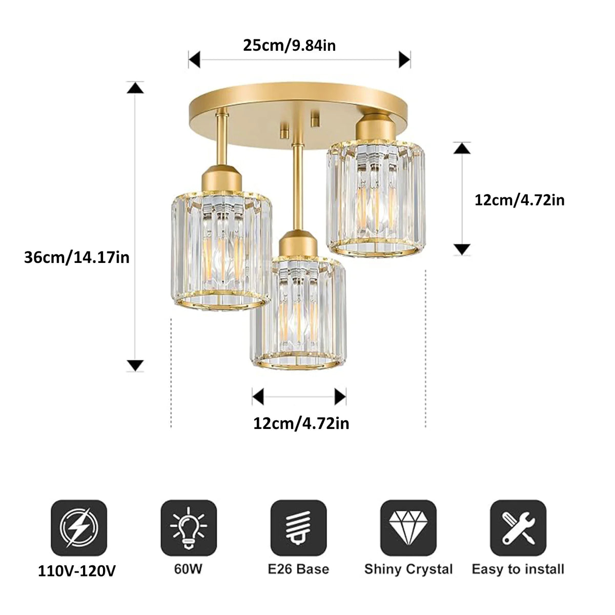 Contemporary Semi-Flush Ceiling Light, Three-Bulb Pendant Fixture with E26 Base, Crystal Chandelier Suitable for Bedrooms, Living Rooms