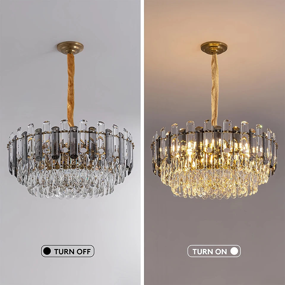 Gold Crystal Chandelier – Adjustable Round K9 Crystal Chandelier – Modern Crystal Chandelier Suitable for Dining Room, Living Room, Kitchen Island, Bedroom, Foyer, and Entryway (Bulbs Not Included)