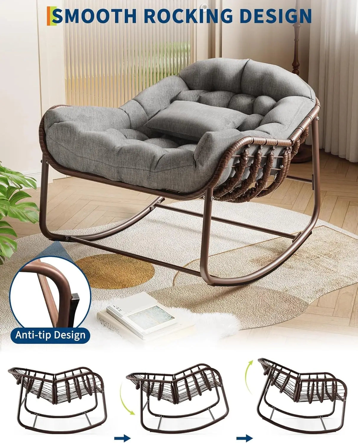 HiMISS Outdoor Papasan Egg Rocking Chair With Wicker Lounge Cushion