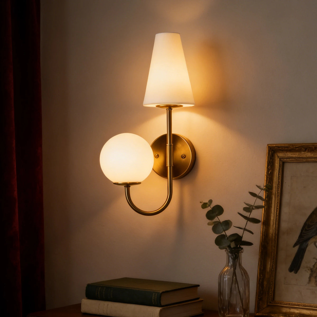 Tribesigns Gold Double-Headed Wall Sconce, Elegant Wall Lamp with Milky White Glass Shade, Metal Wall Light Fixtures for Bedroom